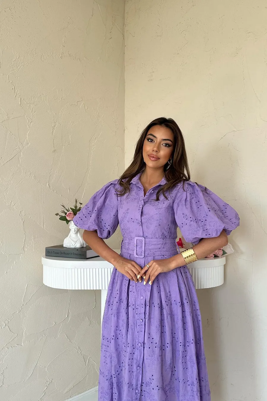 Lila Pileli Balon Kol Elbise - Lila