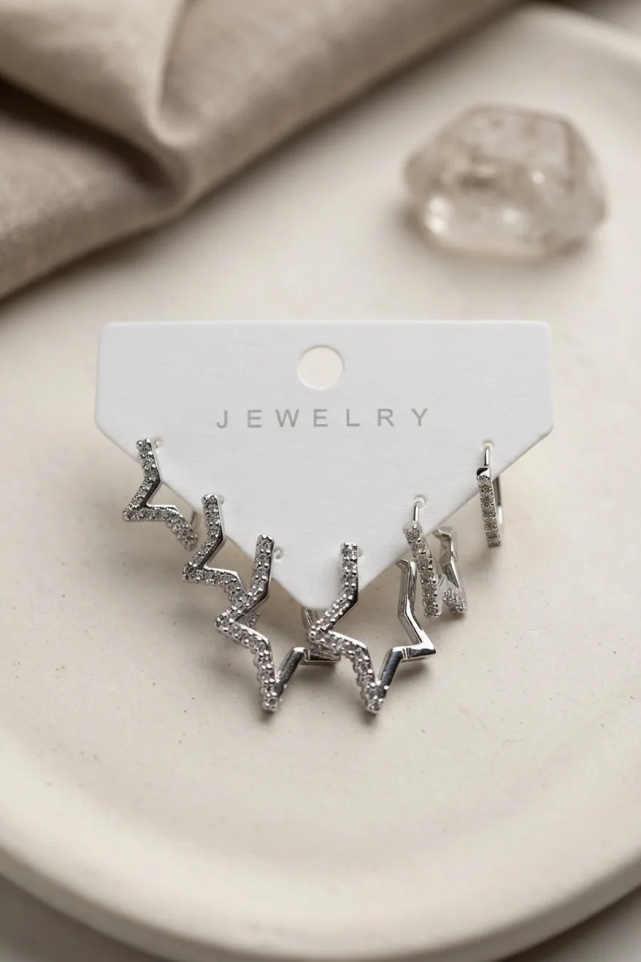 Silver Color Zircon Stone Brass Star Design Women's Earring Set