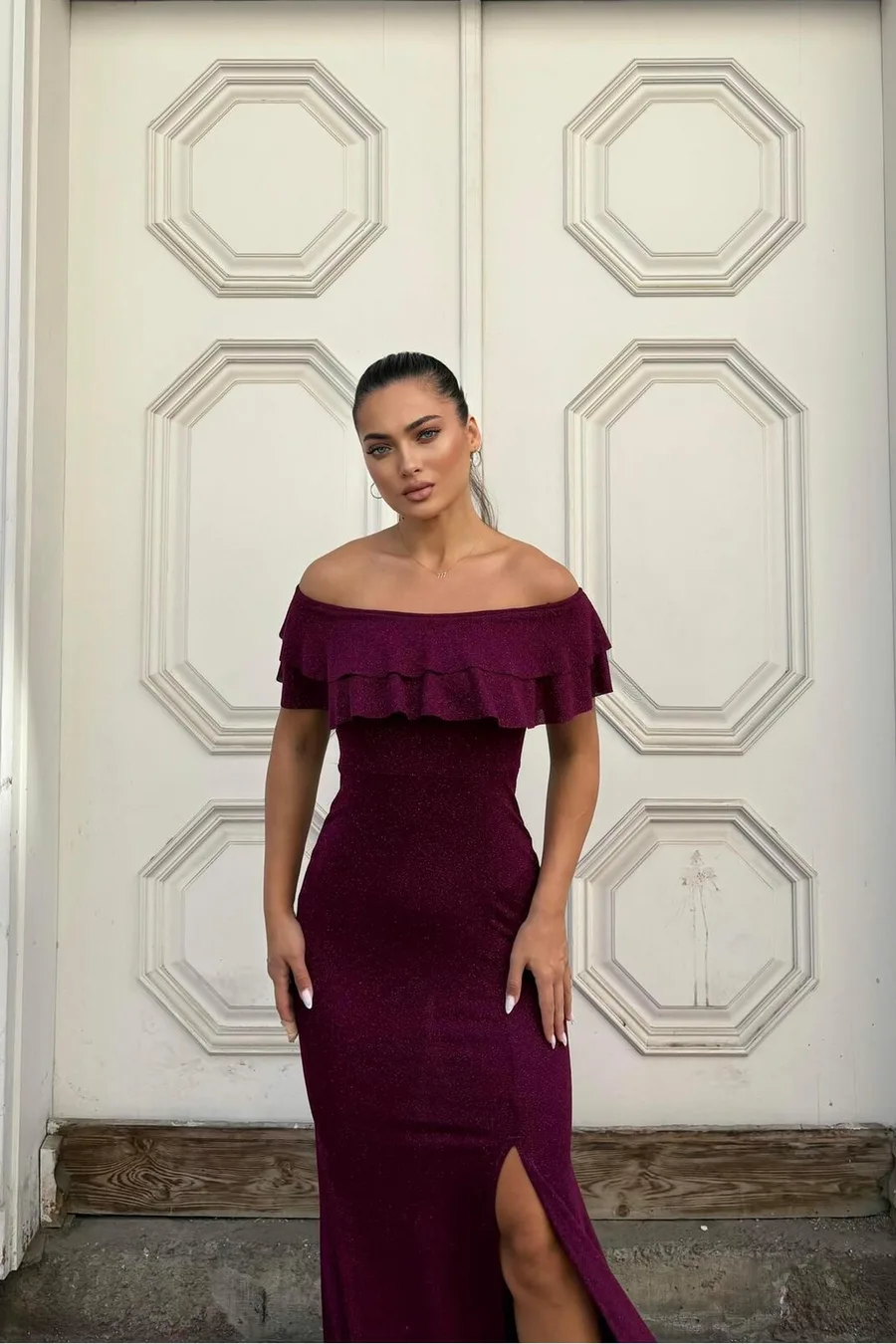 Krep Straplez Abiye Kumaş Yırtmaçlı Elbise