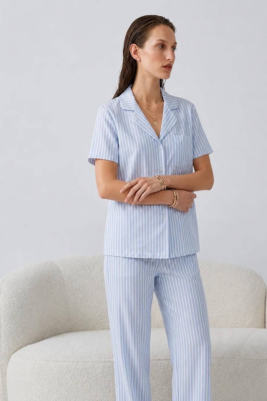 Regular V Yaka Günlük Mavi Pijama Takımı