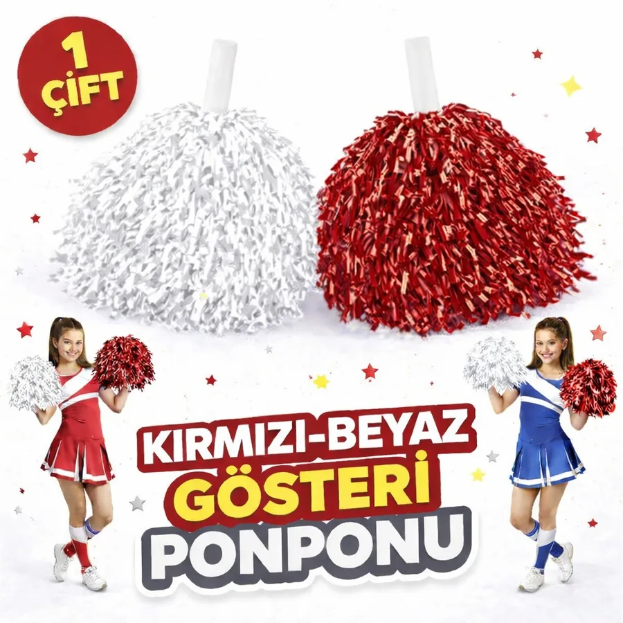 1 Çift ( 2 Adet ) Kırmızı-Beyaz Renk 23 Nisan 19 Mayıs 29 Ekim Okul Gösteri Ponponları Ekstra Doun