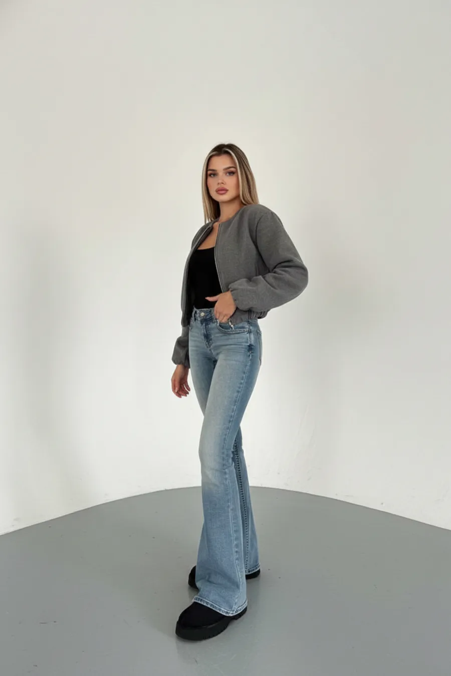 Kadın Ceket Crop Basic Gri Fermuarlı Koyu Bomber