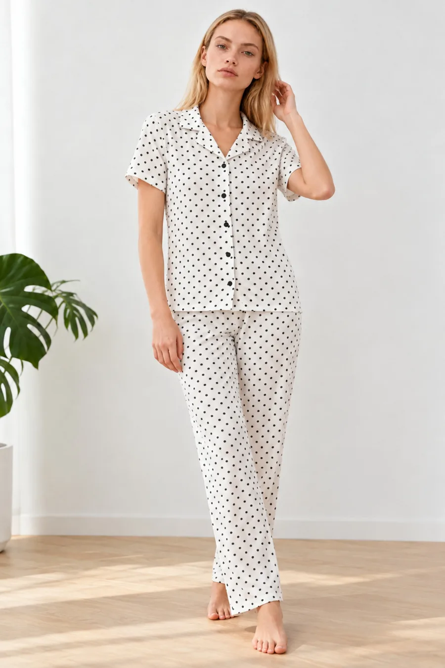 Kadın Relax Fit Puantiyeli Beyaz Pijama Takımı 4857