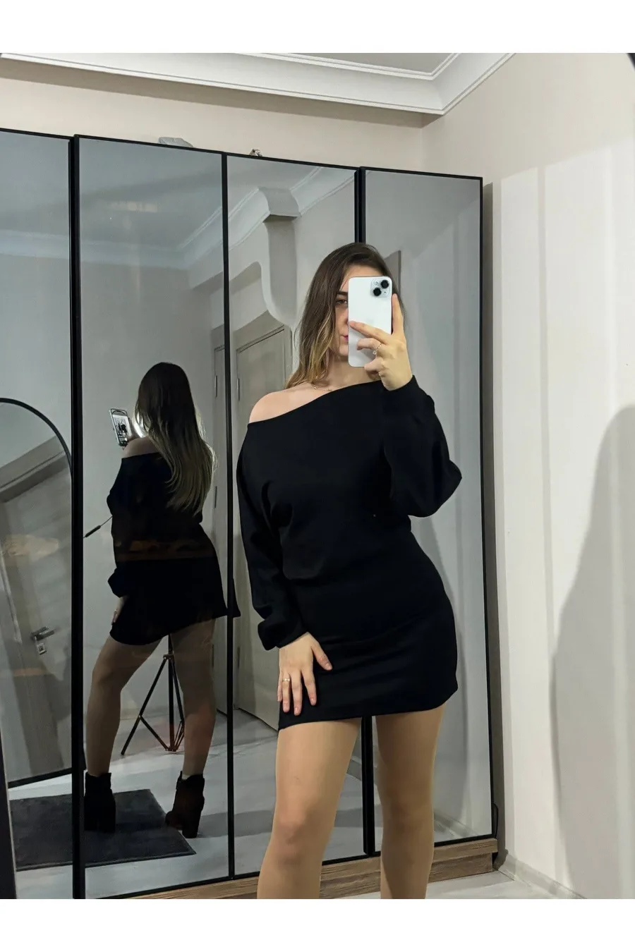 Modal Kumaş Kayık Yaka Mini Elbise - Siyah