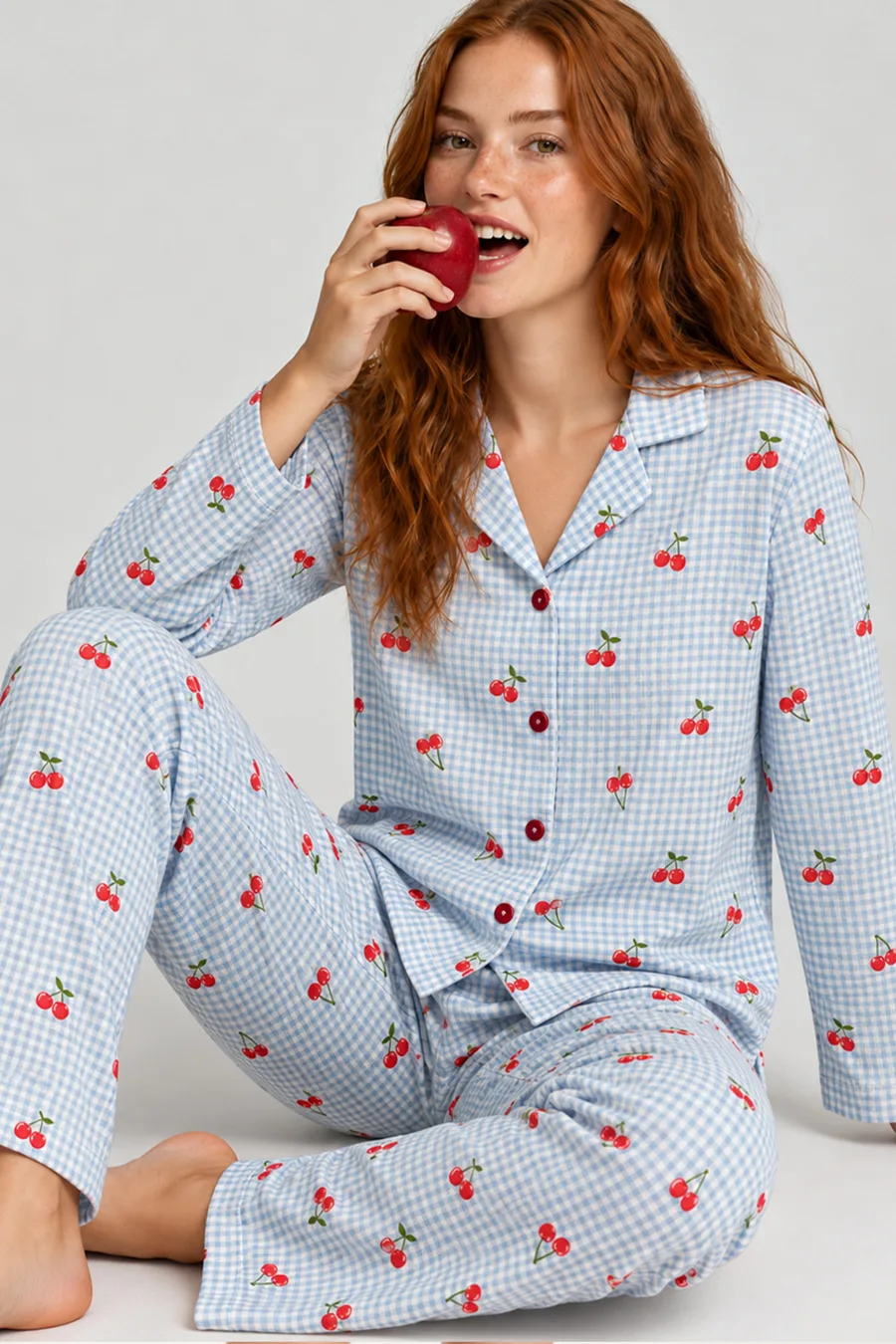 Kadın Kiraz Desenli Pötikare Mavi Pijama Takımı 4792