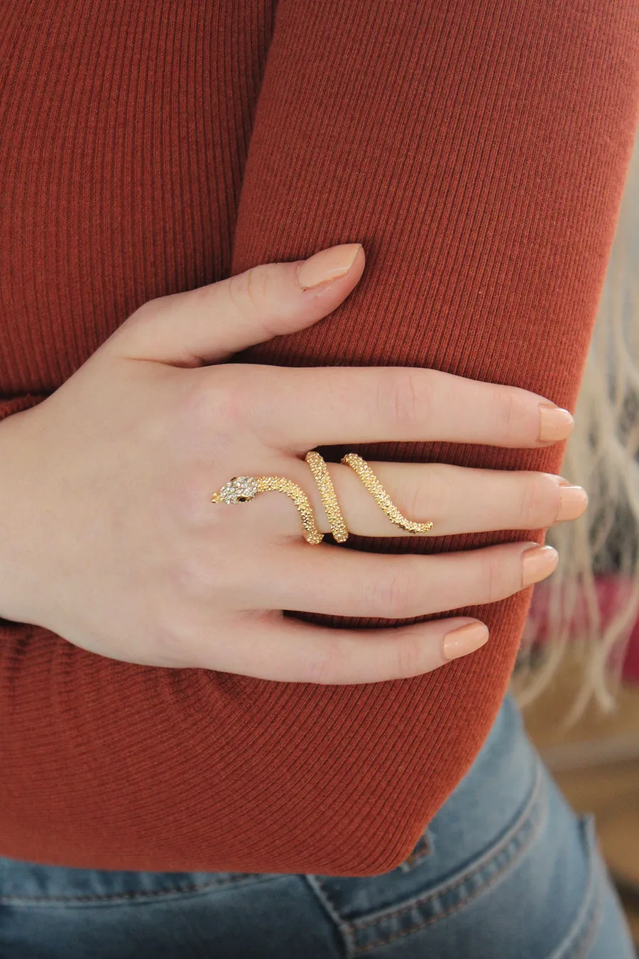Adjustable Gold Color Zircon Stone Snake Ring