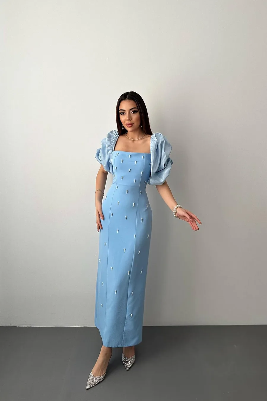 Bebe Mavi İşlemeli Kolu Garnili Elbise - Bebe Mavi