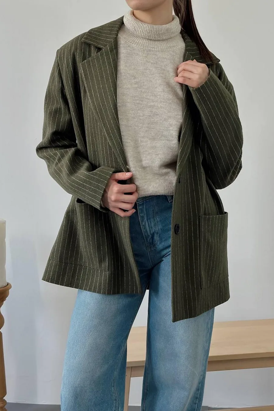 Haki Çizgili Oversize Ceket