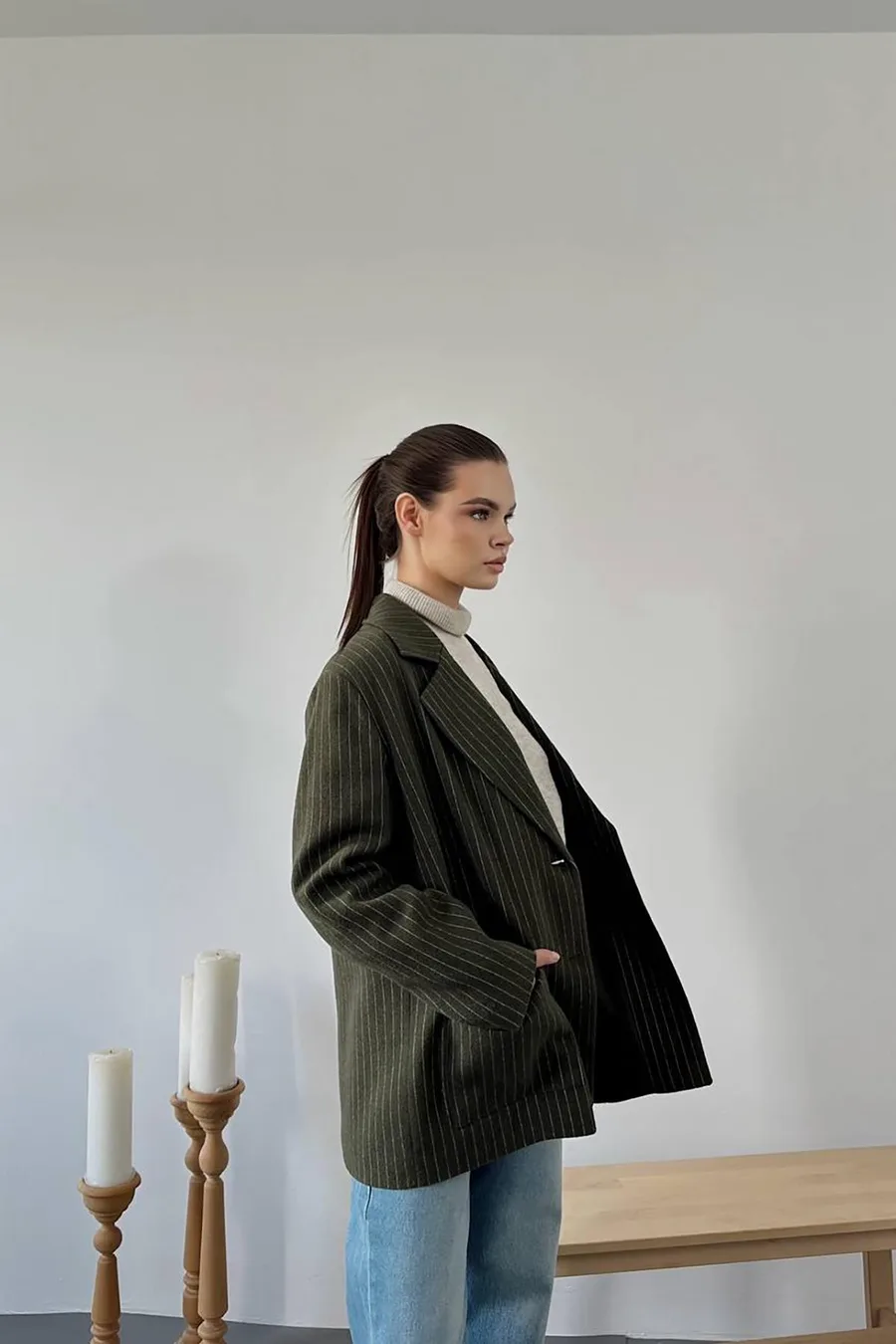 Haki Çizgili Oversize Ceket