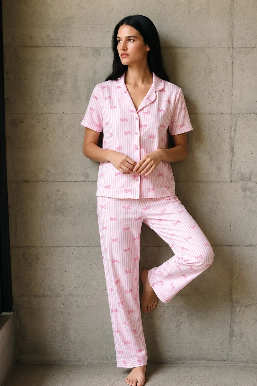 V Yaka Düğmeli Casual Pembe Pijama Takımı