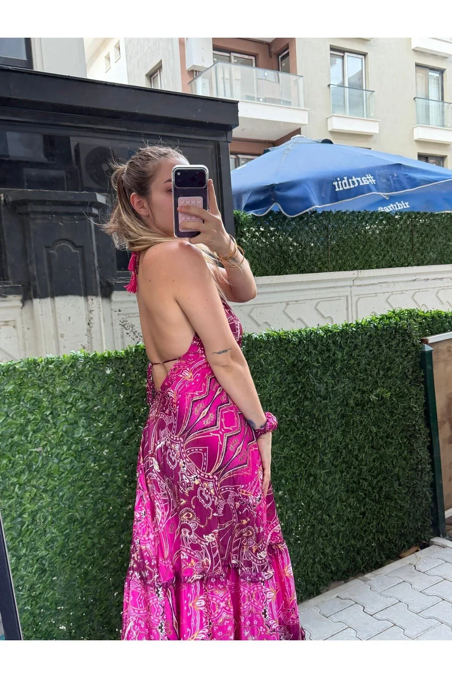 İthal İpek Mexico Model Sırt Dekolteli Elbise (36-46 BEDEN UYUMLU STANDART BEDENDİR) - Pembe