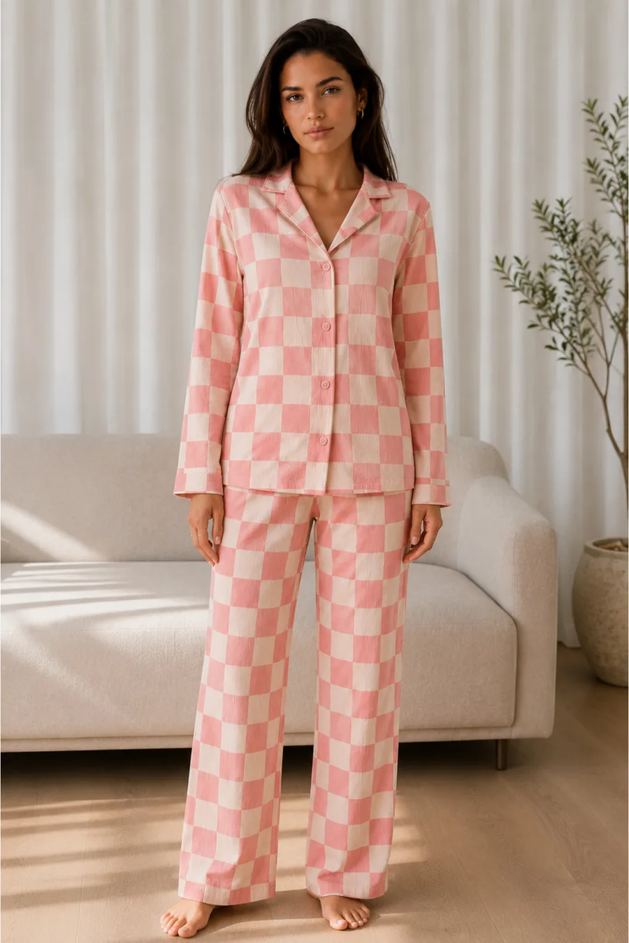 Kadın Desenli Basic Kış Pembe Pijama Takımı