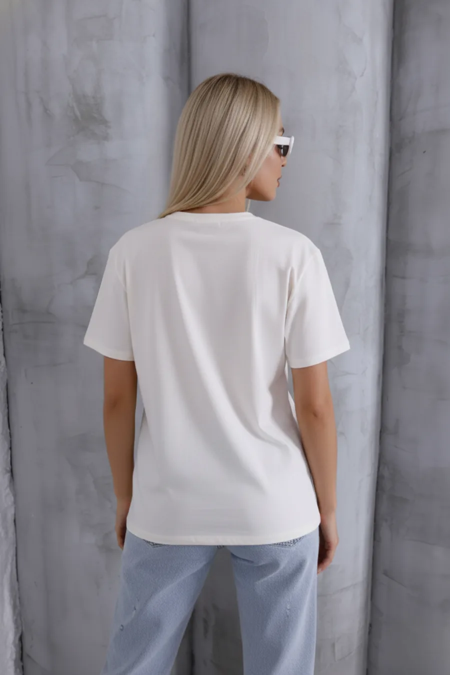 Kadın Oversize T-Shirt Basic Dokulu Pamuklu Kalıp Yaka Yumuşak Bisiklet Ekru