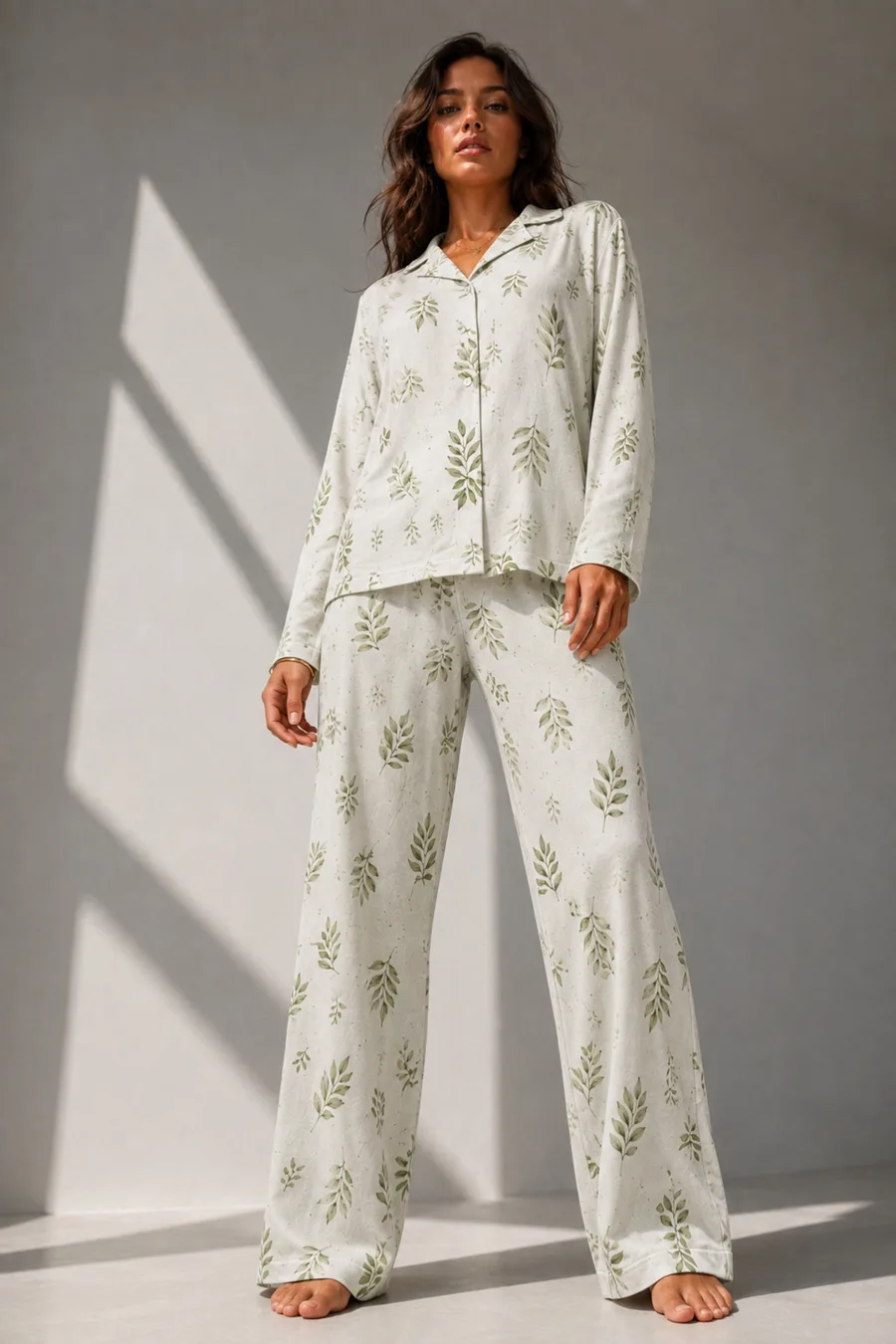 Kadın Uzun Kol Pamuklu Çağla Yeşili Pijama Takımı