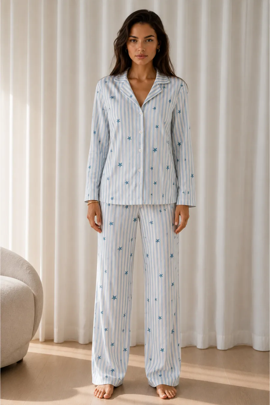 Kadın Desenli Basic Kış Mavi Pijama Takımı