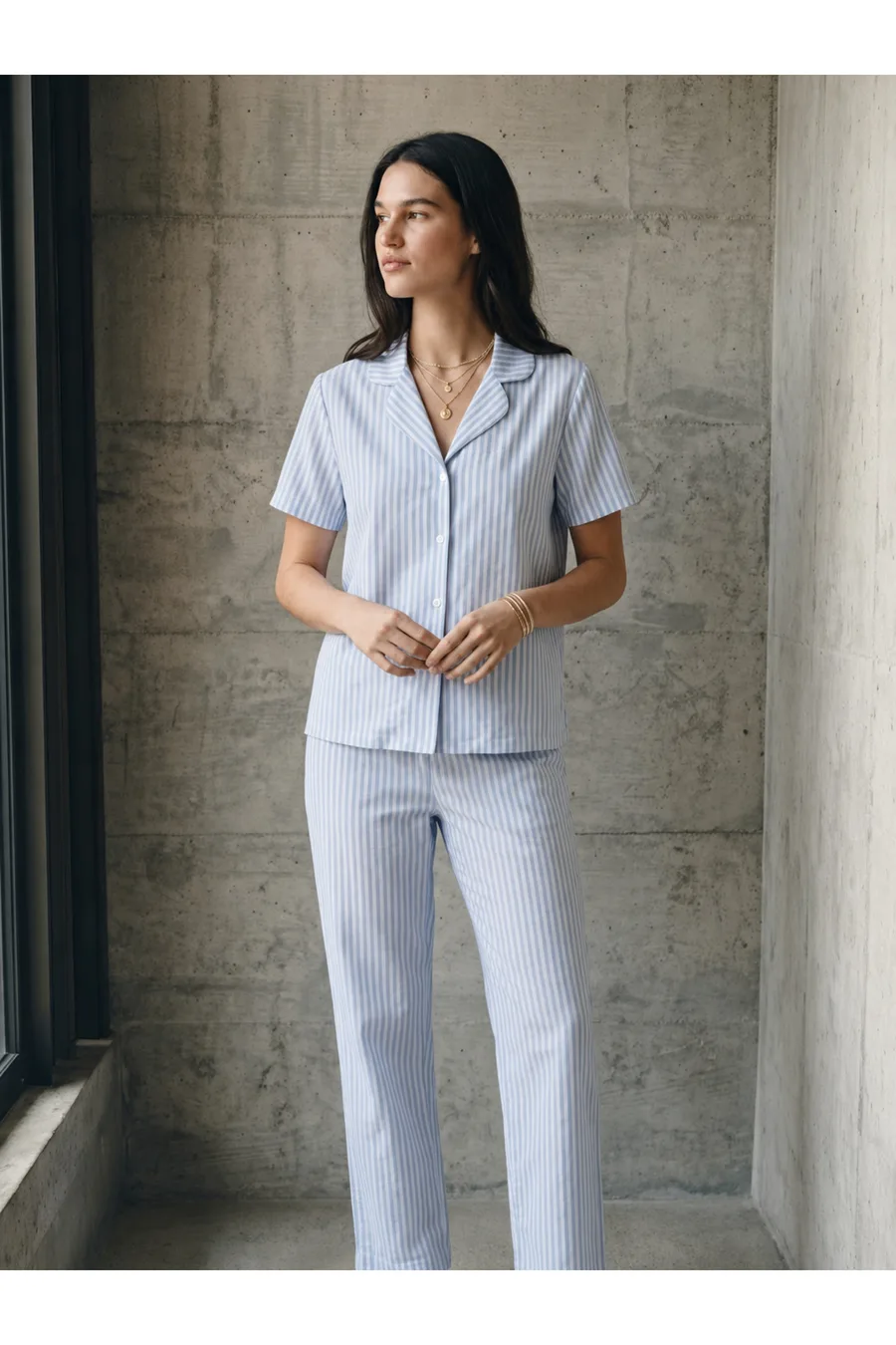 V Yaka Düğmeli Casual Mavi Pijama Takımı