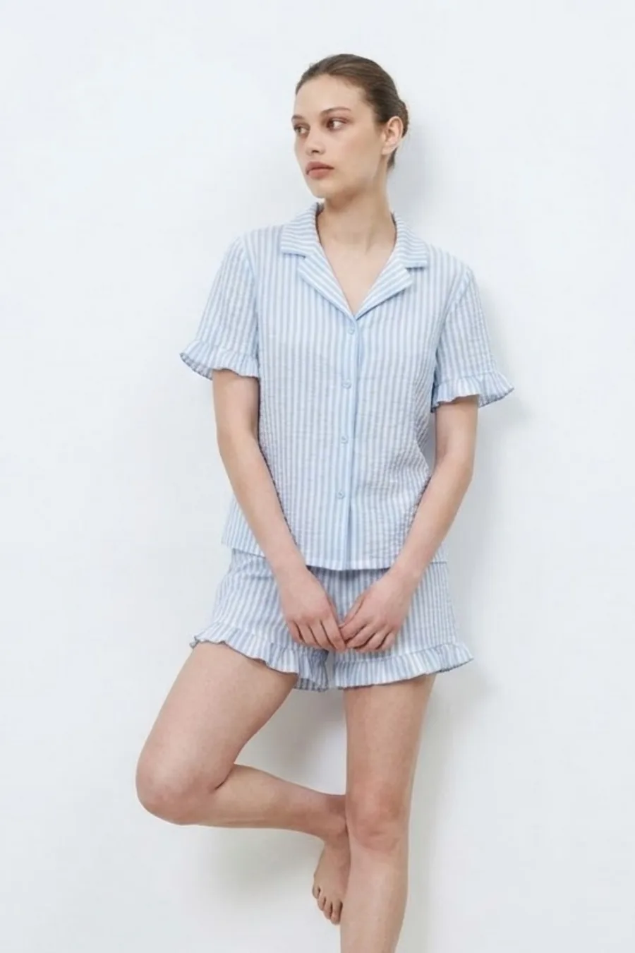 Kadın Premium Fırfırlı Mavi Pijama Takımı