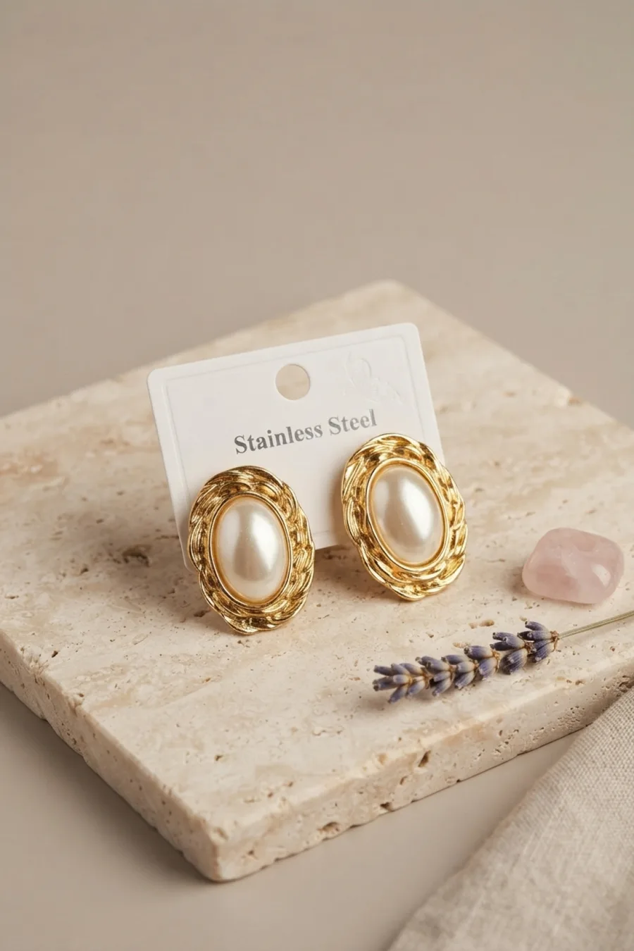 316L Gold Renk Gold Renk Vintage Beyaz İncili Model Küpe