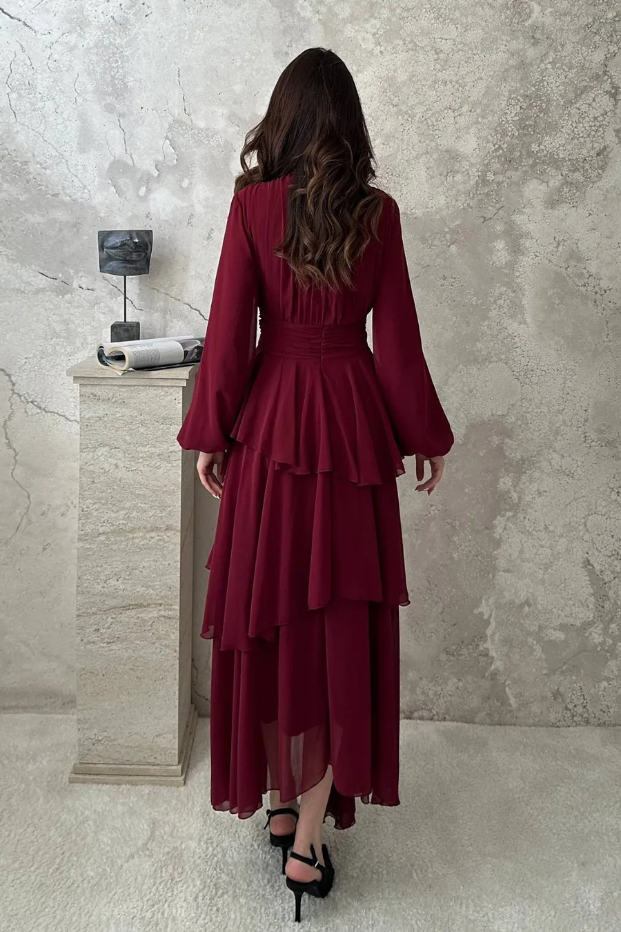 Bordo Kat Kat Bel Detaylı Elbise