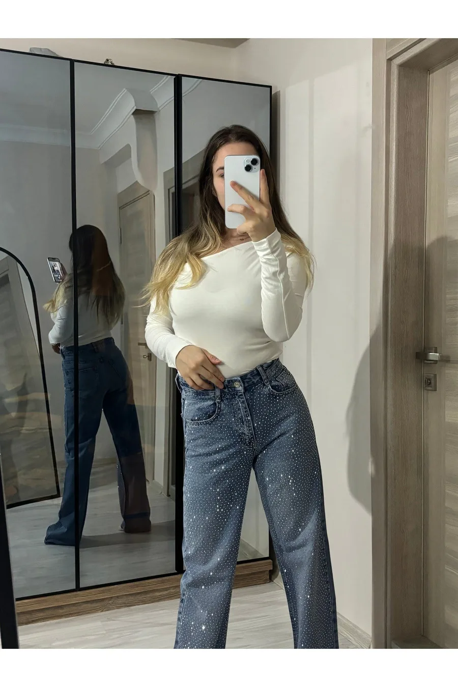 Ön Full Taşlı Wide Leg Koyu Kar Yıkama Pantolon - Mavi