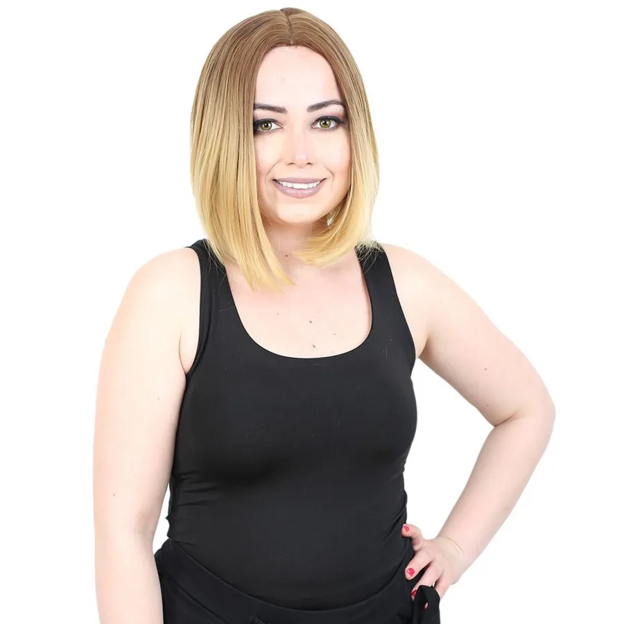 Kahkülsüz Düz Kısa Fiber Sen Peruk / Kumral / Sarı Ombreli