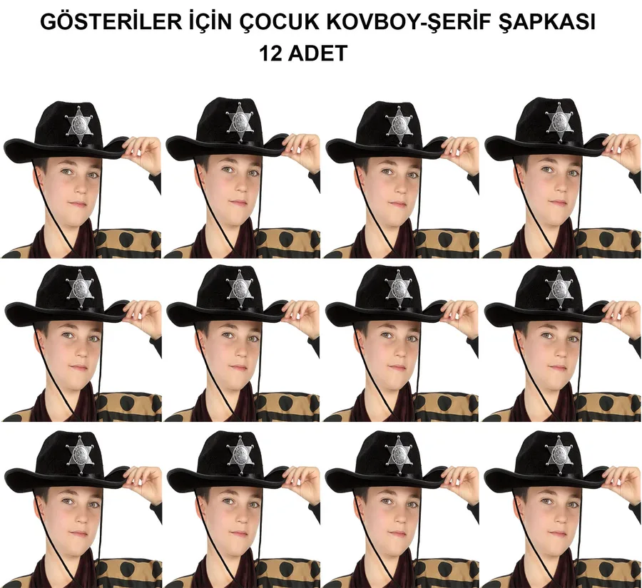 Kovboy Şerif Şapkası Siyah 12 Adet - Kostüm, Parti ve Gösteri Şapkası