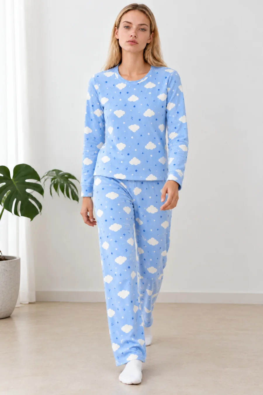 Kadın Kışlık Trend Mavi Gecelik Pijama Takımı 4833