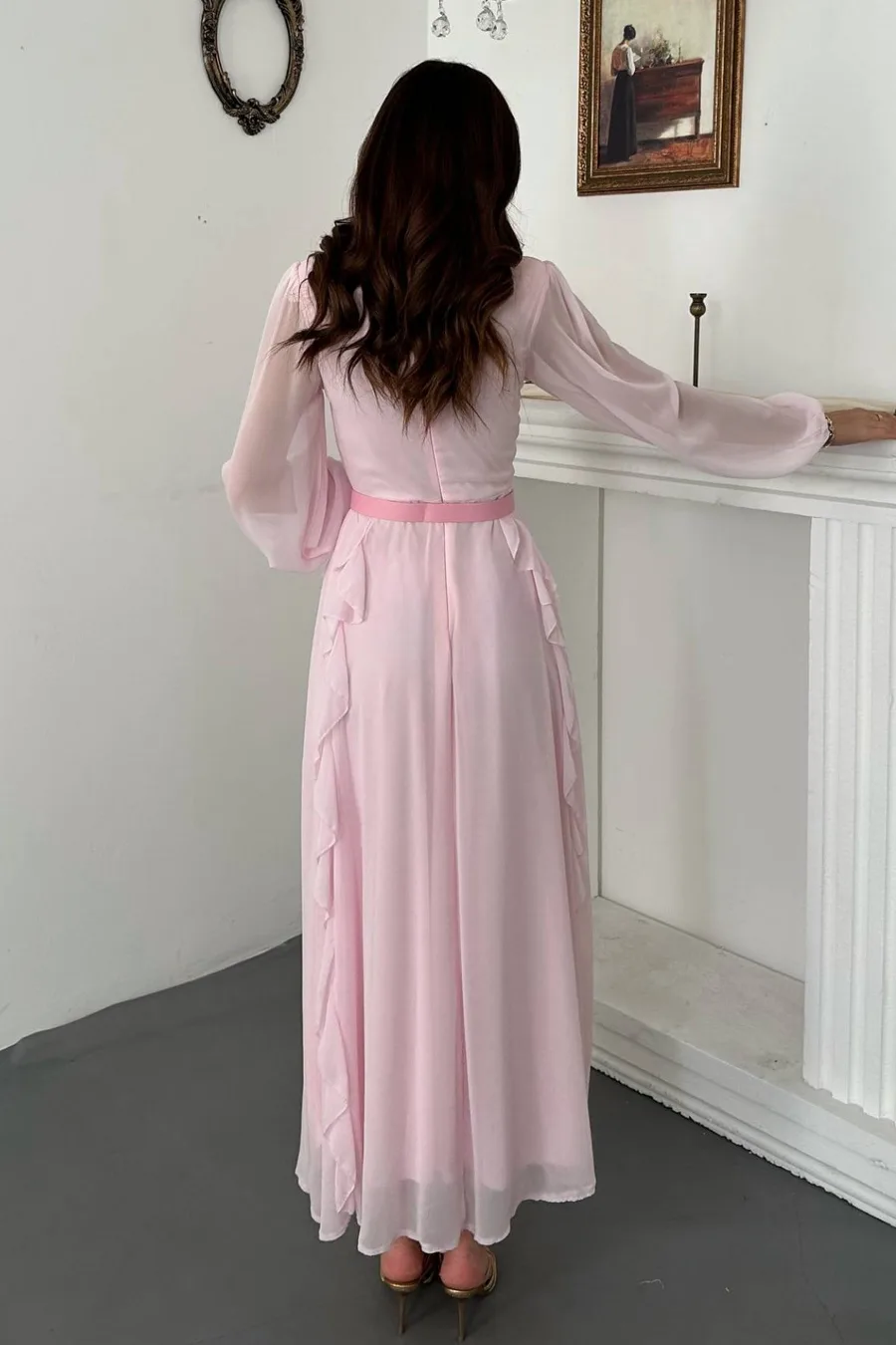 Pembe Kemerli Şifon Elbise