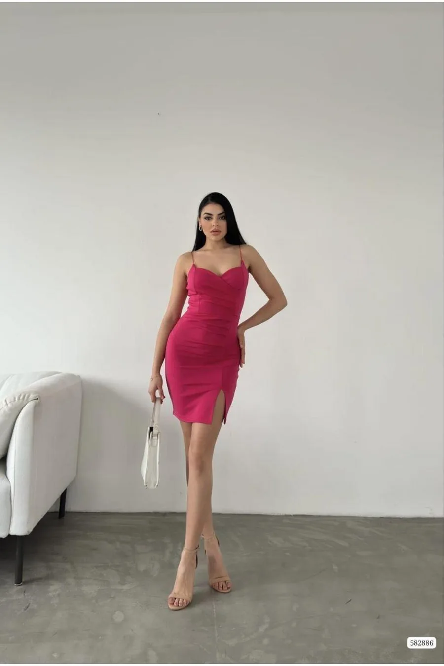 Kalp Yaka Mini Abiye Elbise Askılı Yırtmaçlı