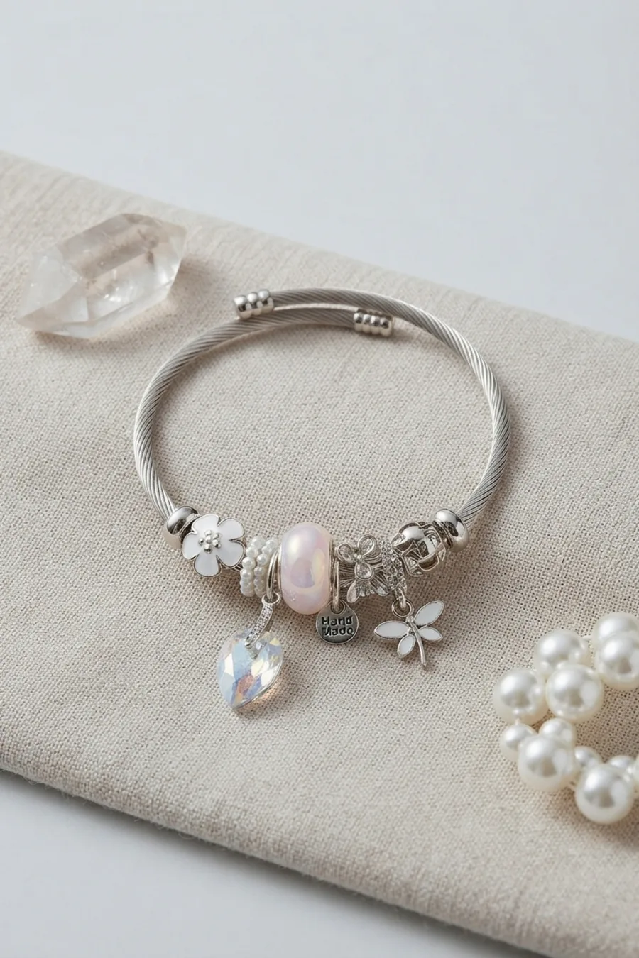Silver Tone Bracelet with White Crystal Heart Charm