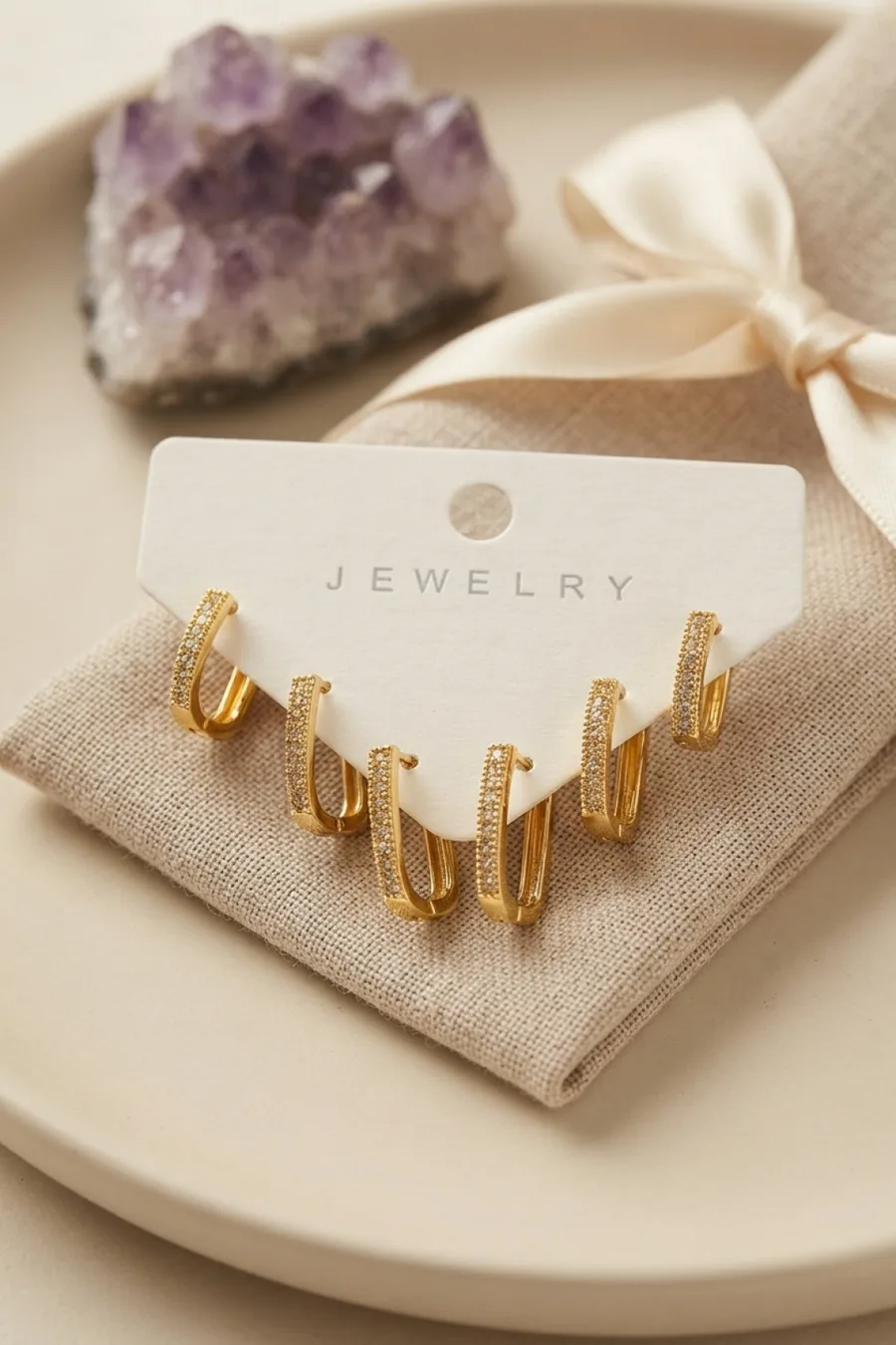 Gold Color Zircon Stone Brass Square Hoop Women's Earring Set