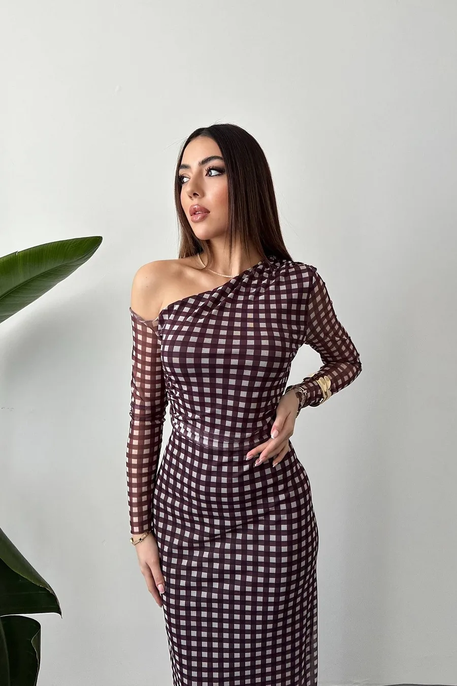 Kahverengi Ekose Desen Tül Elbise