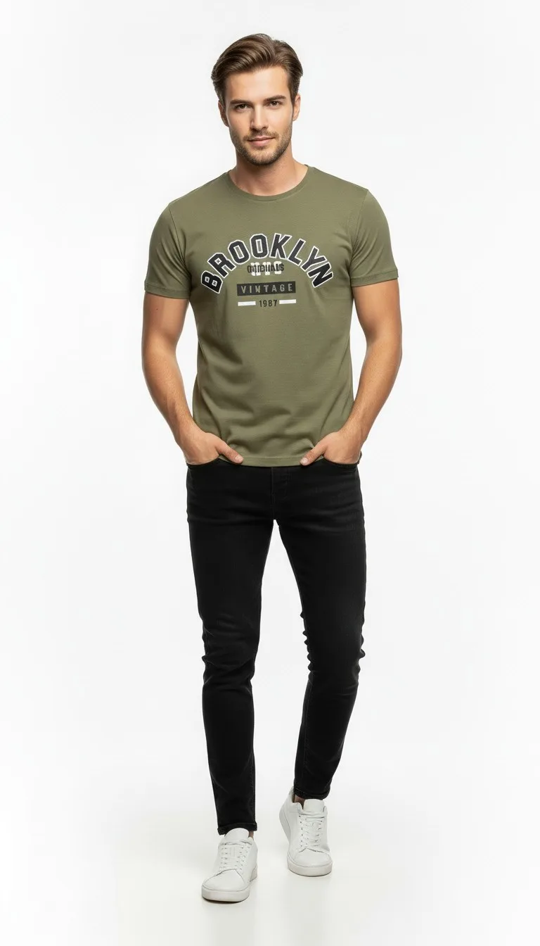 Brooklyn Vintage Baskılı Erkek Günlük T-Shirt Spor Kesim
