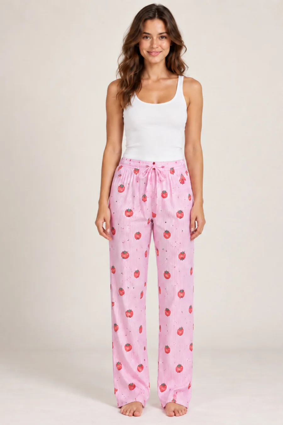Kadın Çizgili Bluz Desenli Askılı Beyaz Pijama Takımı
