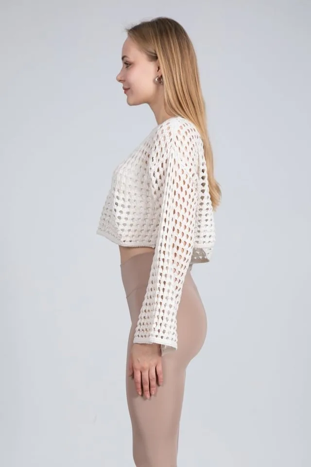 Ekru Ajurlu Crop Bluz - Ekru