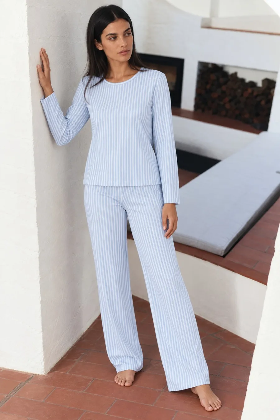 Kadın Çizgili Regular Şık Mavi Pijama Takımı