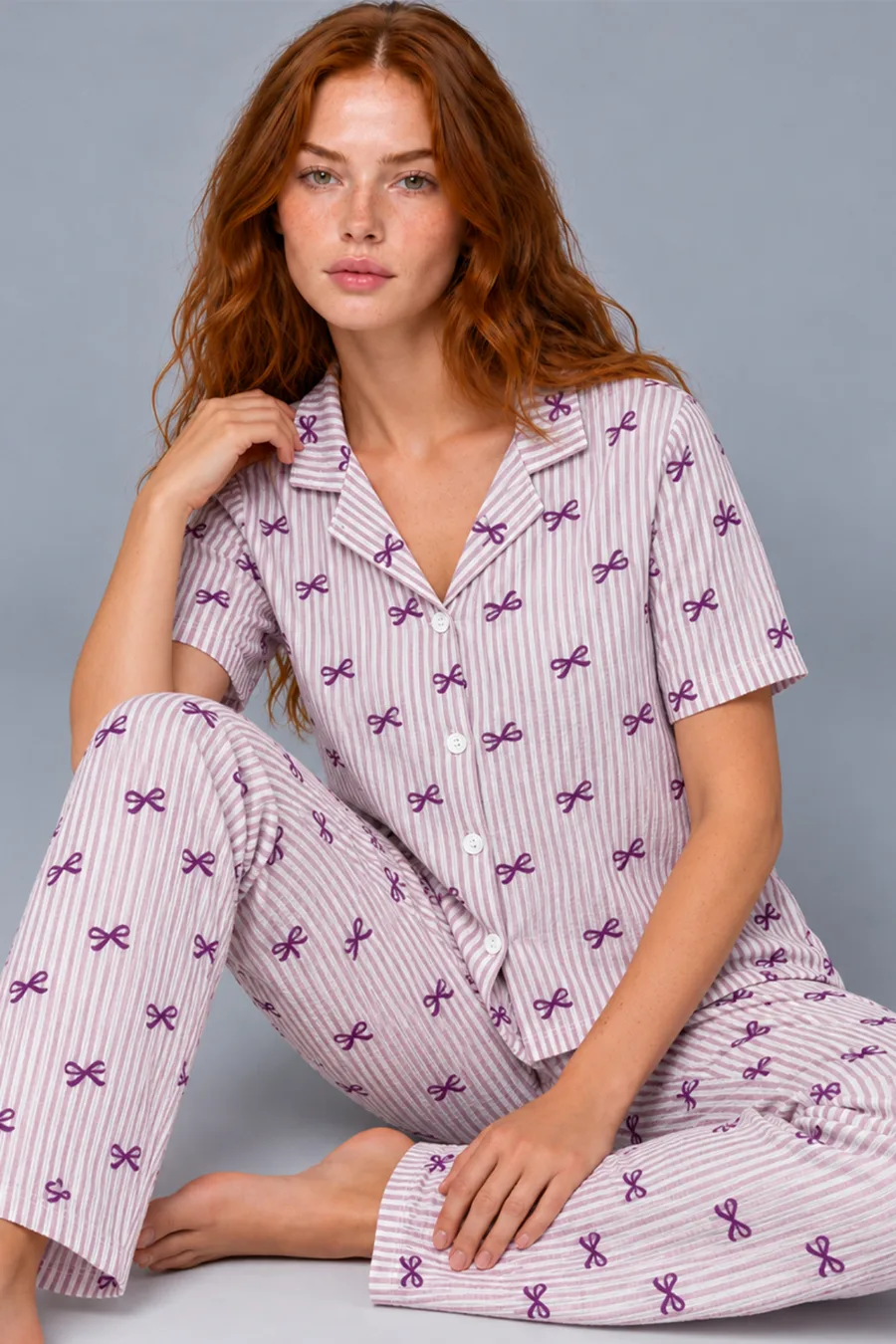 Kadın Çizgili Fiyonk Desenli Mor Kısa Kollu Pijama Takımı 4811