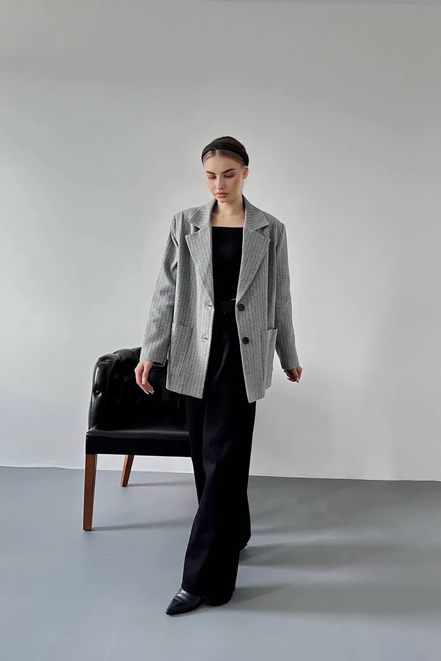 Gri Çizgili Oversize Ceket