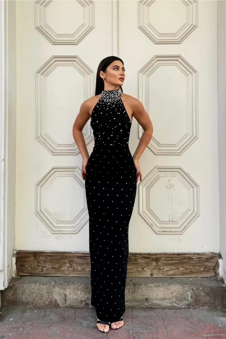 Balıkçı Kollu Abiye Kesim Balık Uzun Yaka Elbise
