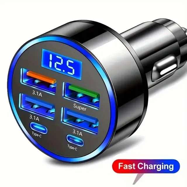 6 Portlu Hızlı Araç Şarj  – 4 USB + 2 Type-C Çıkışlı Dijital Göstergeli Oto Şarjı