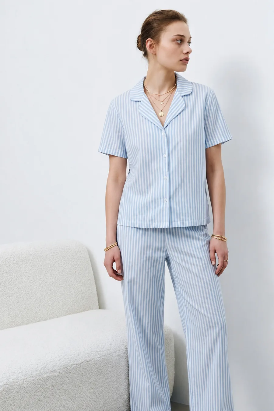 V Yaka Kapama Lastik Bel Mavi Pijama Takımı
