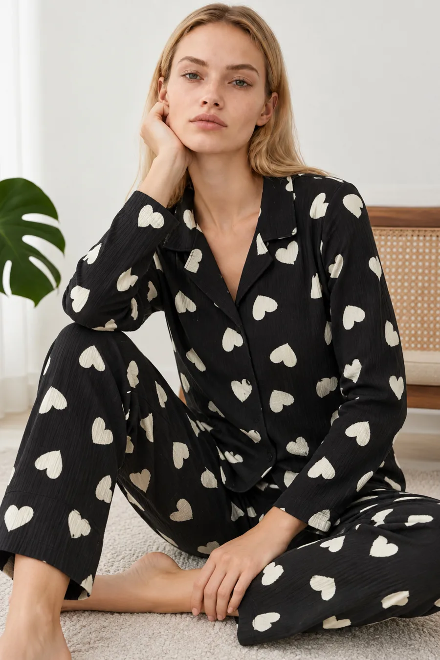 Kadın Kalpli Gömlek Yaka Siyah Pijama Takımı 4824