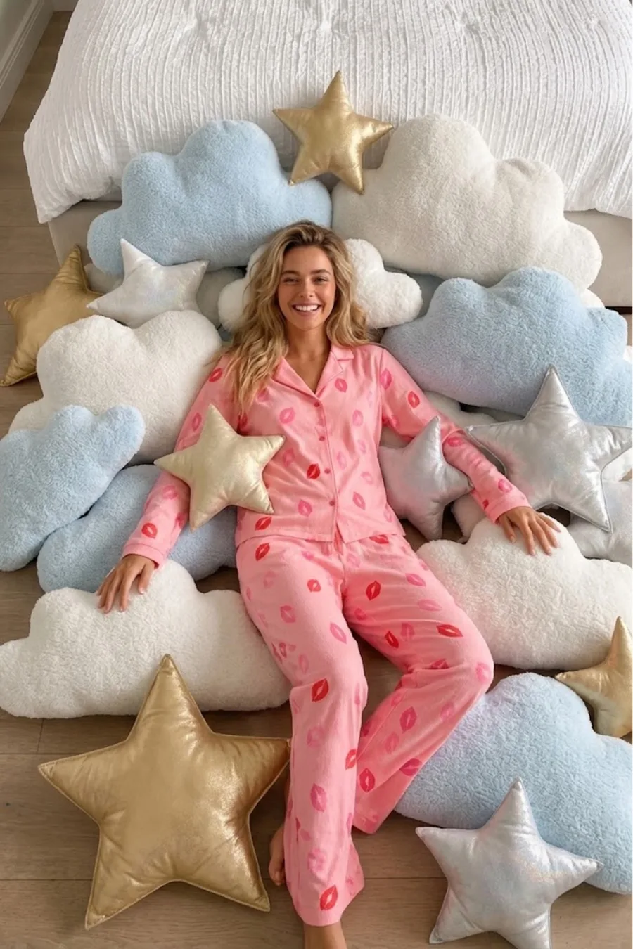 Kadın Gömlek Yaka Uzun Kollu Pembe Pijama Takımı