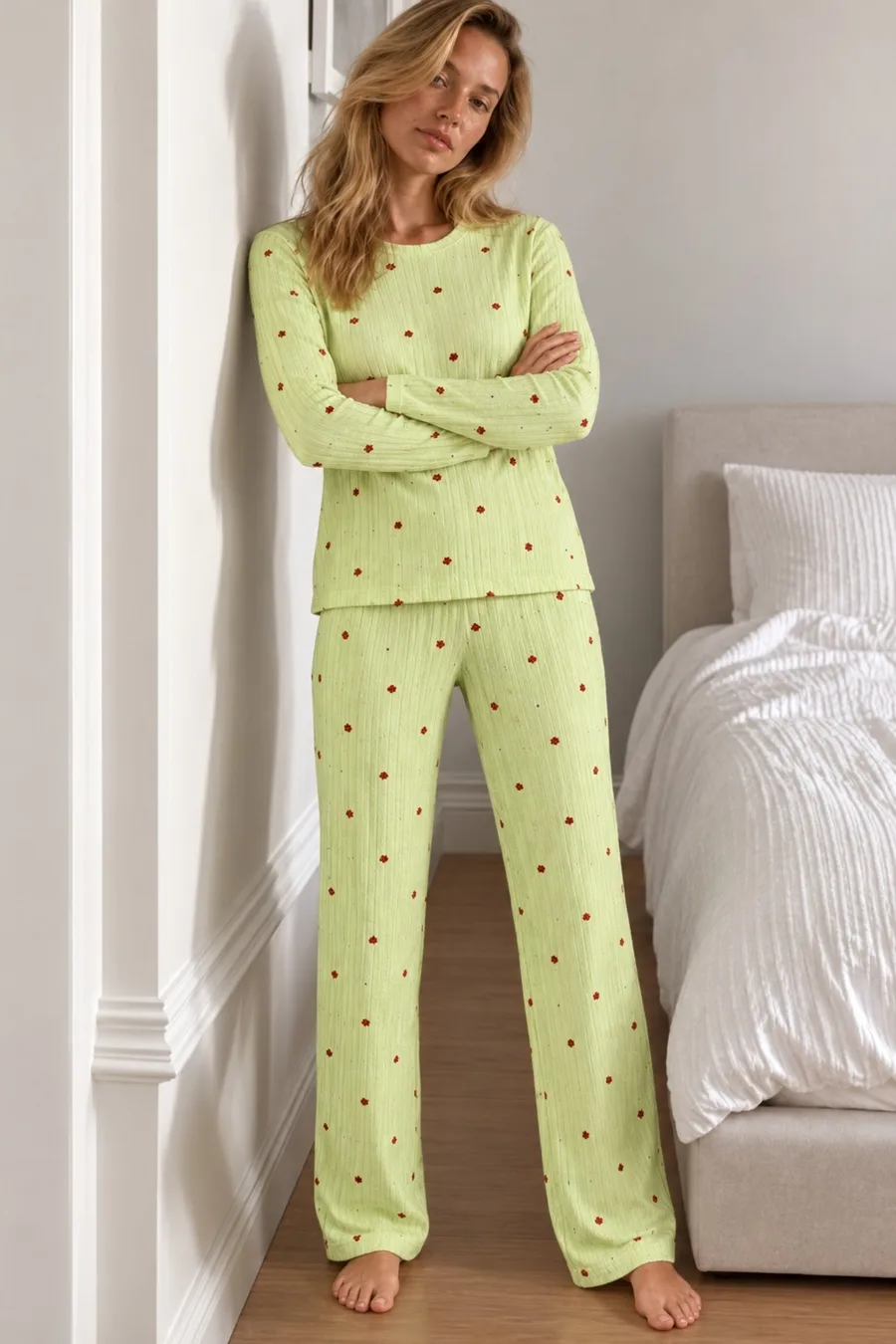 Kadın Şık Uzun Kollu Yeşil Pijama Takımı