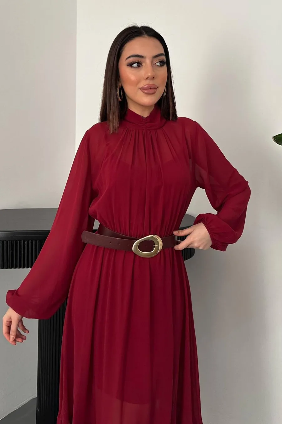 Bordo Eteği Fırfırlı Şifon Elbise