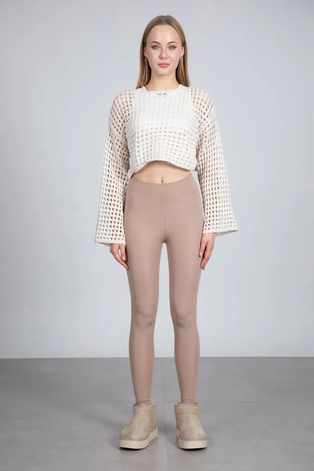 Ekru Ajurlu Crop Bluz - Ekru