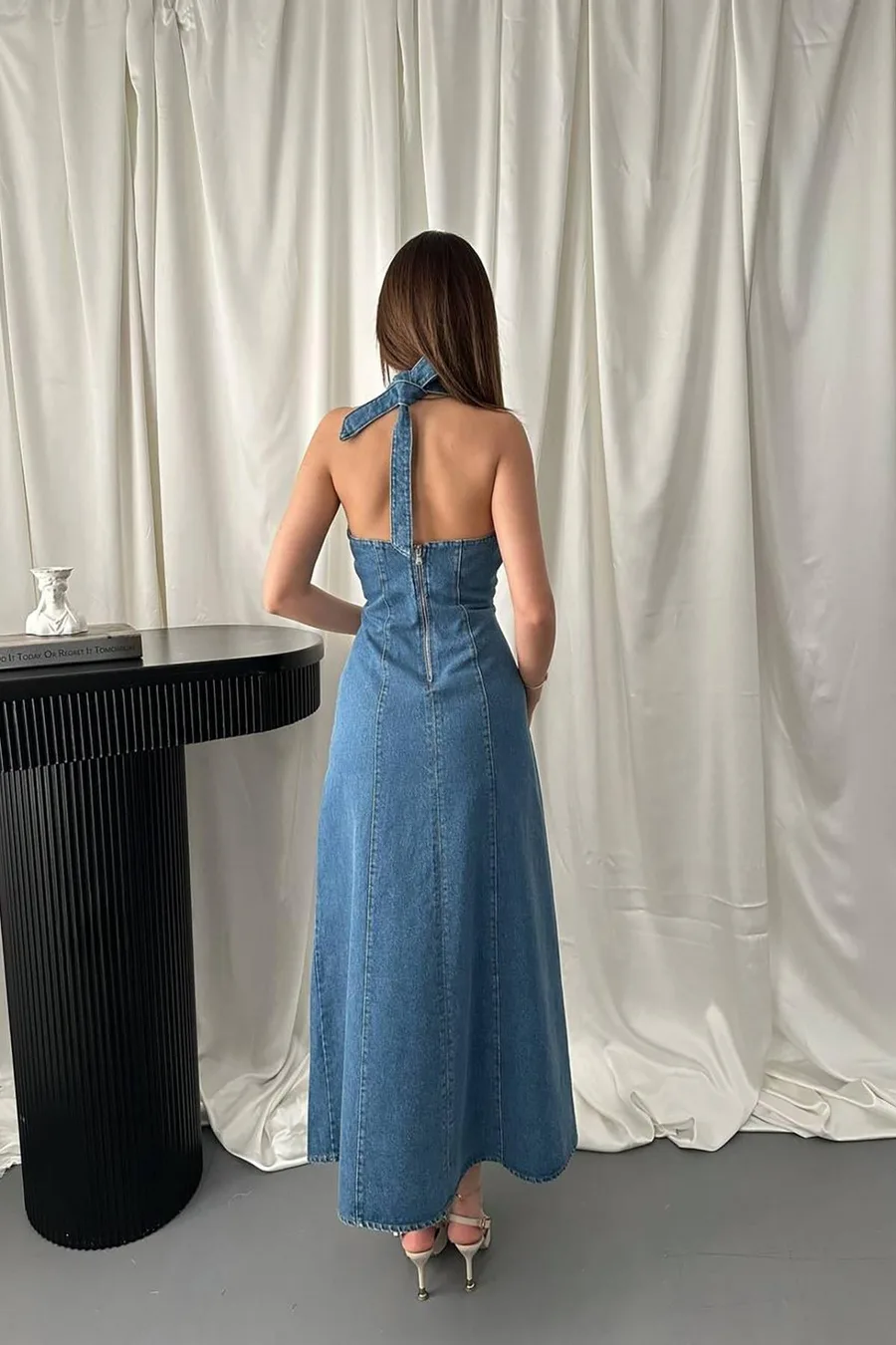 Mavi Halter Yaka Jean Elbise - Mavi