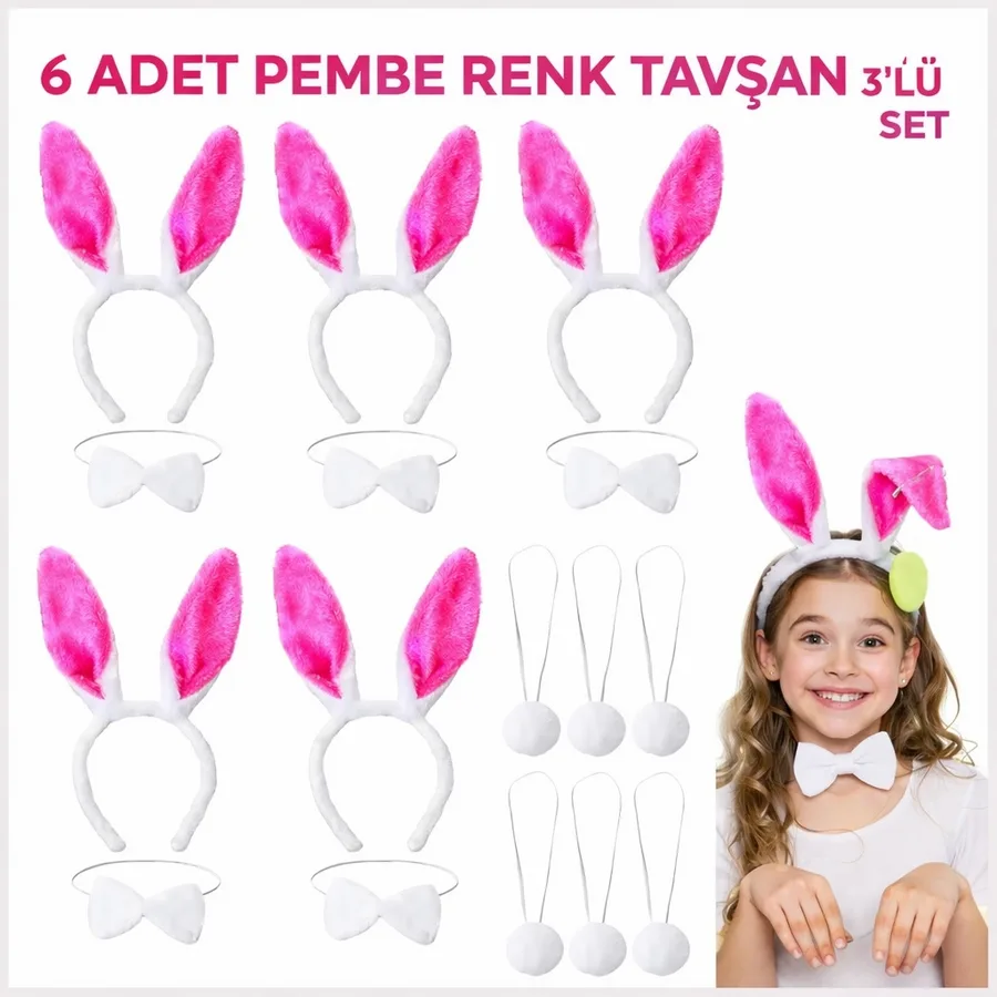 Şeker Pembesi Tşan Sahne Seti 6'lı Set Taç Papyon Kuyruk