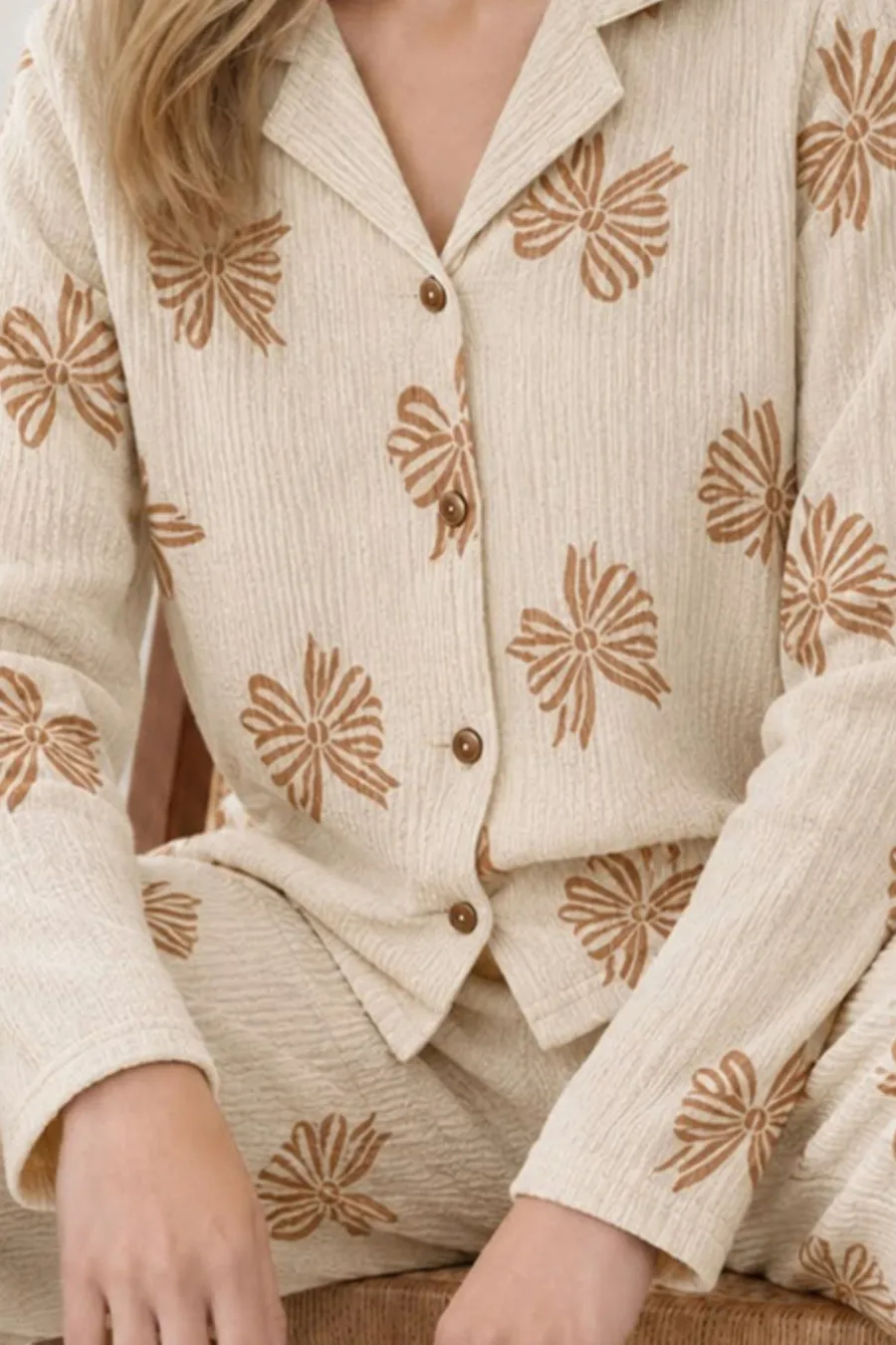 Kadın Uzun Kol Rahat Krem Pijama Takımı 4759