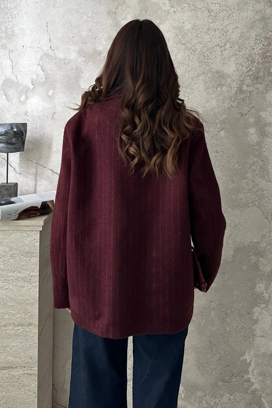 Bordo Çizgili Yün Ceket